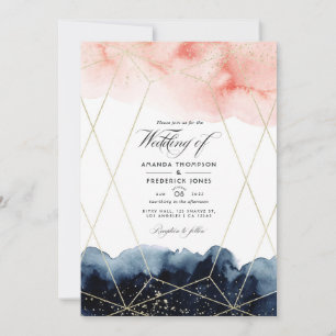 Navy and Blush Watercolor Geometric Wedding Photo Invitation