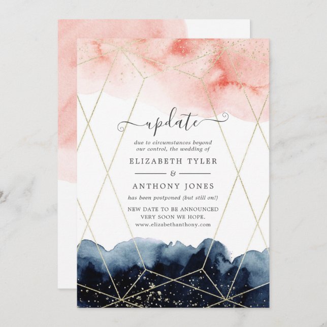 Navy and Blush Watercolor Geometric Wedding Update Invitation (Front/Back)