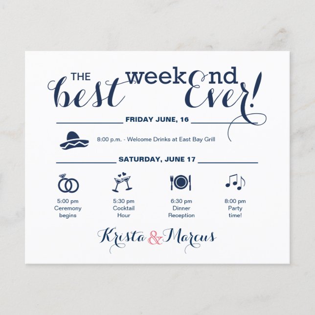 Navy and Blush Wedding Weekend Itinerary (Front)