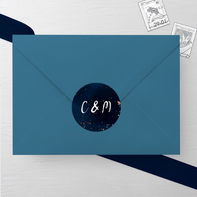 Navy and Bronze Watercolor Wedding Classic Round Sticker (Creator Uploaded)