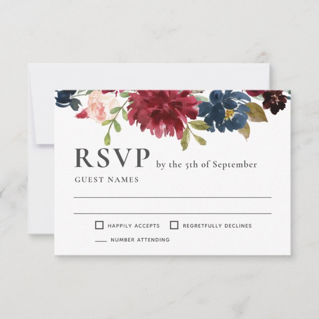 Navy and Burgundy Elegant Floral Wedding RSVP (Front)
