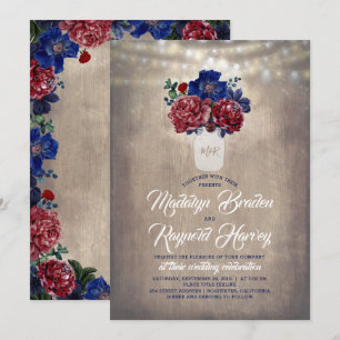 Navy and Burgundy Floral Mason Jar Rustic Wedding Invitation