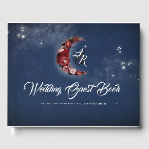 Navy and Burgundy Floral Moon Celestial Wedding Guest Book