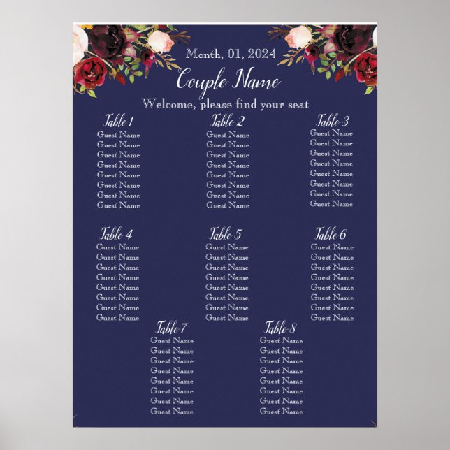 Navy and Burgundy Floral Seating Chart  (Front)