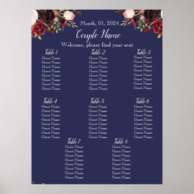 Navy and Burgundy Floral Seating Chart  (Front)