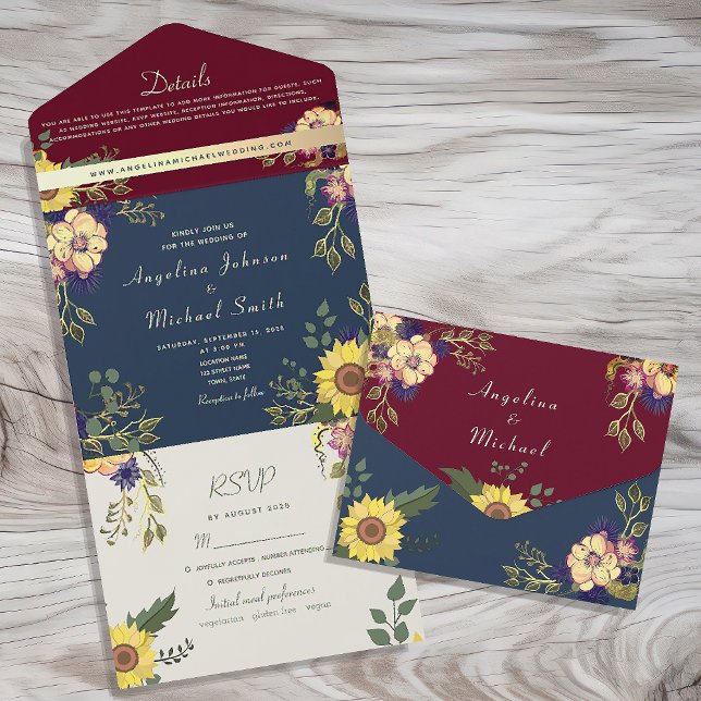 Navy and Burgundy Rustic Floral Wedding All In One Invitation (Creator Uploaded)