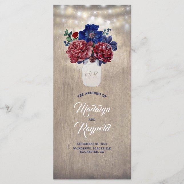 Navy and Burgundy Rustic Floral Wedding Programs Programme (Front)