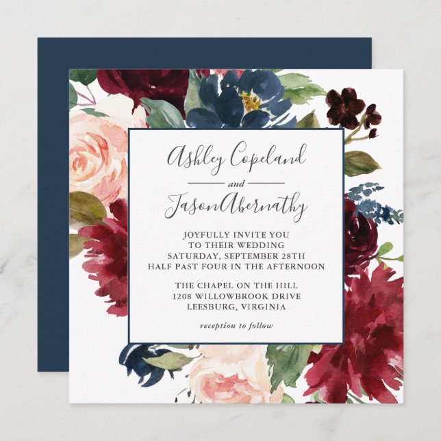 Navy and Burgundy Watercolor Floral Wedding Invitation (Front/Back)