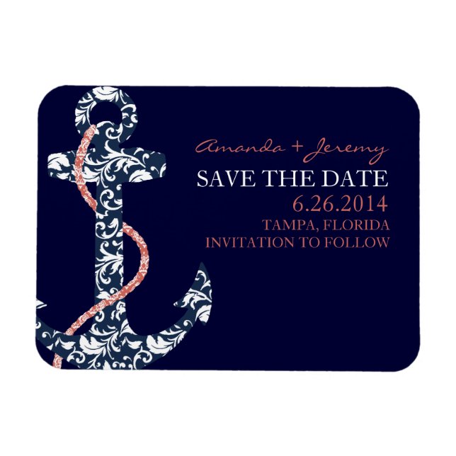 Navy and Coral Anchor Beach Save The Date Magnet (Horizontal)