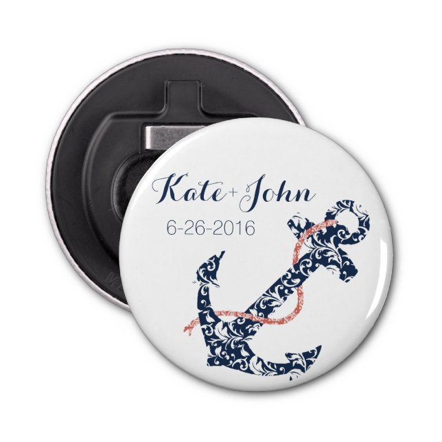 Navy and Coral Anchor Beach Wedding Bottle Opener (Front)