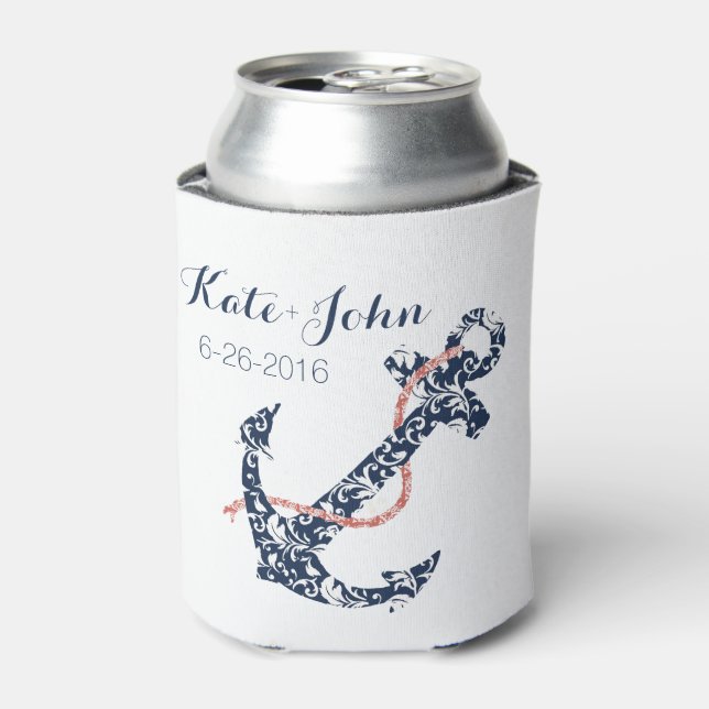Navy and Coral Anchor Beach Wedding Can Cooler (Can Front)