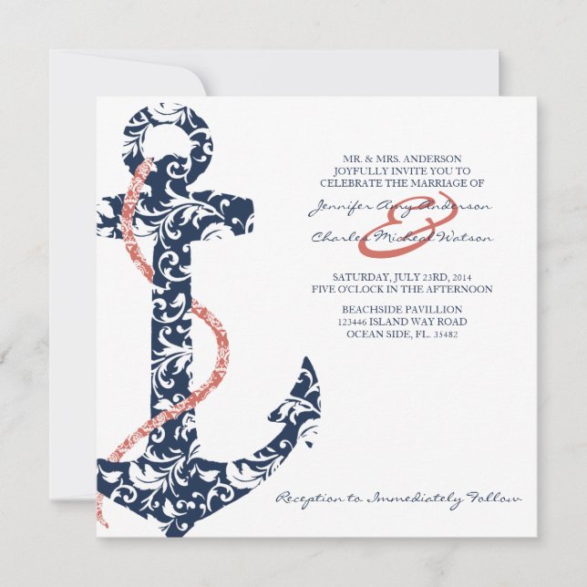 Navy and Coral Anchor Beach Wedding Invitation (Front)