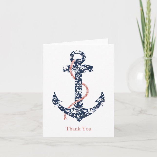 Navy and Coral Anchor Beach Wedding Thank You (Front)