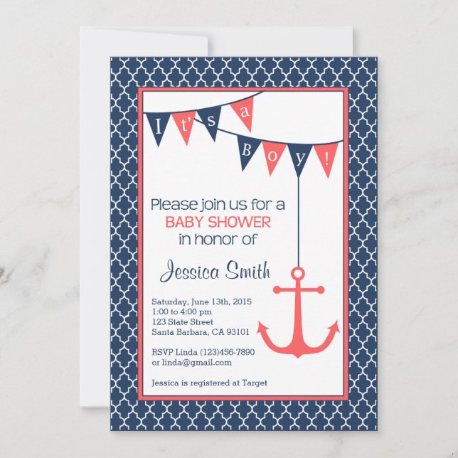 Navy and Coral Baby Shower Invitation Nautical (Front)