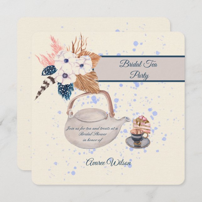 Navy and Coral Bridal Tea Party Shower Invitation (Front/Back)