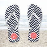 Navy and Coral Chevron Monogram Jandals<br><div class="desc">Custom printed flip flop sandals with a stylish modern chevron pattern and your custom monogram or other text in a circle frame. Click Customise It to change text fonts and colours or add your own images to create a unique one of a kind design!</div>