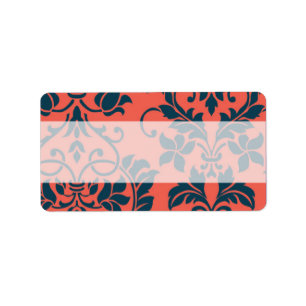 Navy and Coral Damask Wedding Mailing Address Label