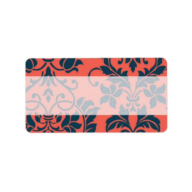 Navy and Coral Damask Wedding Mailing Address Label (Front)