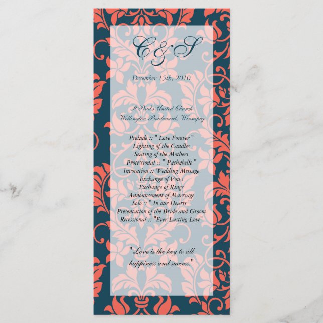 Navy and Coral Damask Wedding Programs Programme (Front)