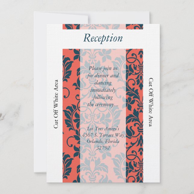Navy and Coral Damask Wedding Reception Card (Front)