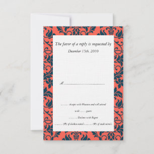 Navy and Coral Damask Wedding RSVP Cards