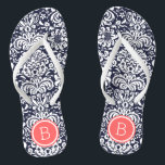 Navy and Coral Floral Damask Monogram Jandals<br><div class="desc">Custom printed flip flop sandals with a stylish elegant floral damask pattern and your custom monogram or other text in a circle frame. Click Customise It to change text fonts and colours or add your own images to create a unique one of a kind design!</div>