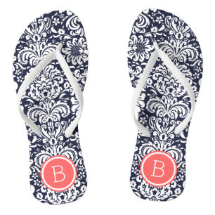 Navy and Coral Floral Damask Monogram Jandals