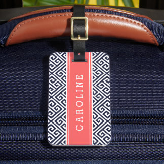 Navy and Coral Greek Key Custom Monogram Luggage Tag