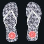 Navy and Coral Greek Key Monogram Jandals<br><div class="desc">Custom printed flip flop sandals with a stylish modern Greek key pattern and your custom monogram or other text in a circle frame. Click Customise It to change text fonts and colours or add your own images to create a unique one of a kind design!</div>
