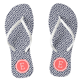 Navy and Coral Greek Key Monogram Jandals