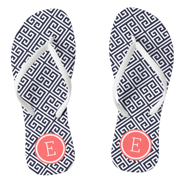 Navy and Coral Greek Key Monogram Jandals (Footbed)