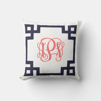 Navy and Coral Greek Key Script Monogram APV Cushion