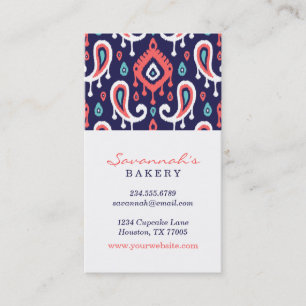 Navy and Coral Ikat Paisley Business Cards