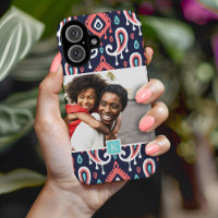 Navy and Coral Ikat Paisley Custom Photo Monogram