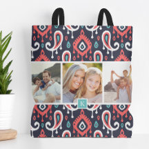 Navy and Coral Ikat Paisley Family Photo Monogram