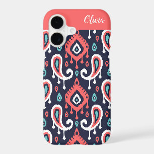 Navy and Coral Ikat Paisley Monogram