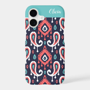 Navy and Coral Ikat Paisley Monogram