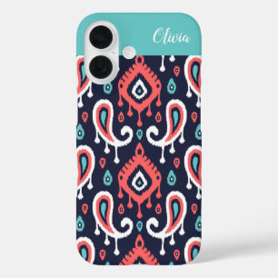 Navy and Coral Ikat Paisley Monogram iPhone 16 Case