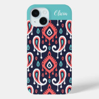 Navy and Coral Ikat Paisley Monogram