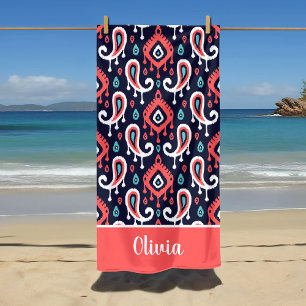 Navy and Coral Ikat Paisley Name Monogram Beach Towel