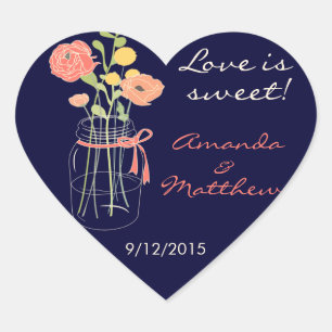 Navy and Coral Mason Jar Wedding Favour Stickers