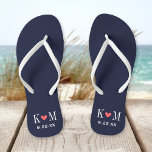 Navy and Coral Modern Wedding Monogram Jandals<br><div class="desc">Custom printed flip flop sandals personalised with a cute heart and your monogram initials and wedding date. Click Customise It to change text fonts and colours or add your own images to create a unique one of a kind design!</div>