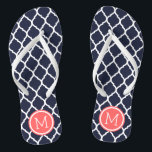 Navy and Coral Moroccan Quatrefoil Monogram Jandals<br><div class="desc">Custom printed flip flop sandals with a stylish Moroccan quatrefoil pattern and your custom monogram or other text in a circle frame. Click Customise It to change text fonts and colours or add your own images to create a unique one of a kind design!</div>