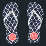 Navy and Coral Moroccan Quatrefoil Monogram Jandals<br><div class="desc">Custom printed flip flop sandals with a stylish Moroccan quatrefoil pattern and your custom monogram or other text in a circle frame. Click Customise It to change text fonts and colours or add your own images to create a unique one of a kind design!</div>