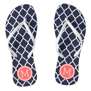 Navy and Coral Moroccan Quatrefoil Monogram Jandals