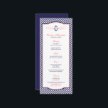 Navy and Coral Nautical Anchor Wedding Menu Card<br><div class="desc">Preppy modern wedding dinner menu card design with a nautical anchor graphic and elegant calligraphy scroll flourishes on a trendy diagonal stripe pattern background. Click the CUSTOMIZE IT button to customise fonts,  move text around and create your own unique one-of-a-kind invitation design.</div>