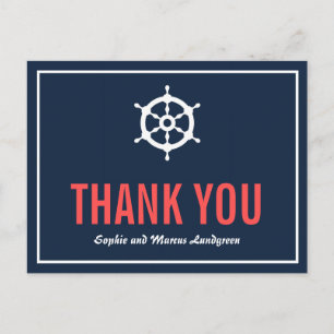 Navy and Coral Nautical Helm Thank You Postcard