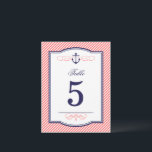 Navy and Coral Nautical Wedding Table Number Cards<br><div class="desc">Preppy modern wedding table number card design with a nautical anchor graphic and elegant calligraphy scroll flourishes on a trendy diagonal stripe pattern background. Use the design tools to customise fonts,  move text around and create your own unique one-of-a-kind invitation design.</div>
