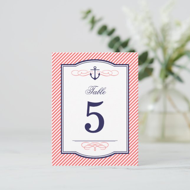 Navy and Coral Nautical Wedding Table Number Cards (Standing Front)