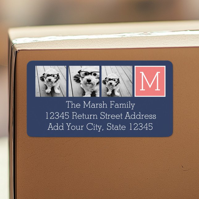 Navy and Coral Photo Collage Custom Monogram Label (Personalized return address label)